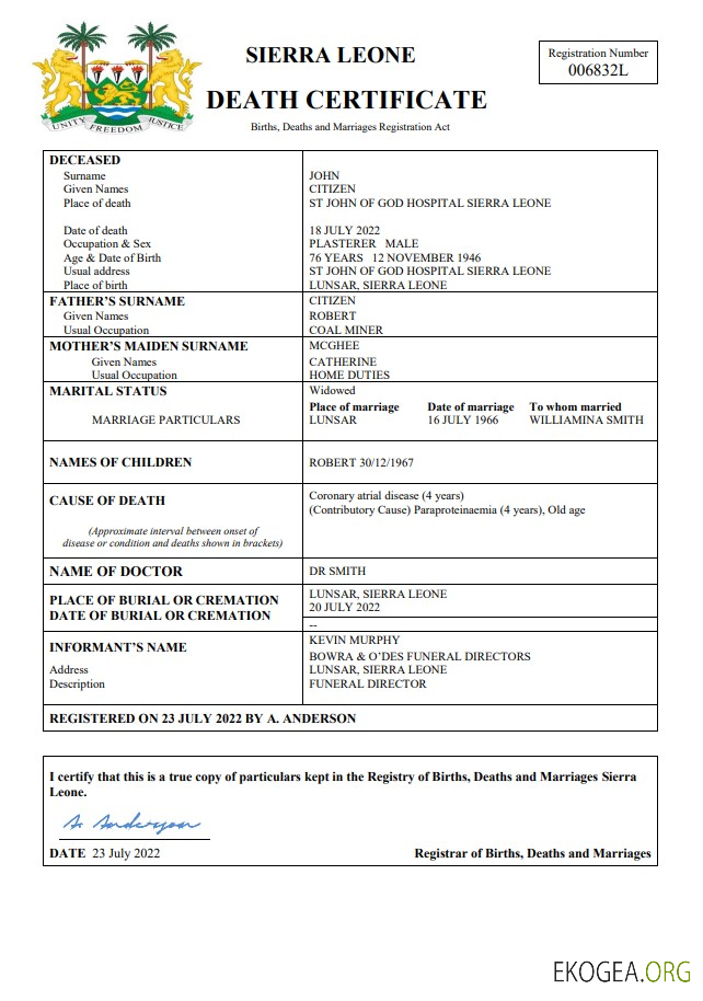 Modèle Word et PDF de certificat de décès en Sierra Leone
